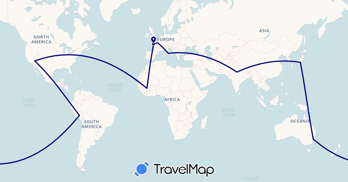 TravelMap itinerary: driving in Australia, France, India, Italy, Japan, Mali, Peru, United States (Africa, Asia, Europe, North America, Oceania, South America)